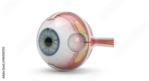 Anatomical illustration of the human eye in a cross-section showing its complex internal structures and details