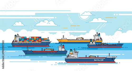 Cargo Ships and Tankers Navigating Calm Waters in Vector Illustration.