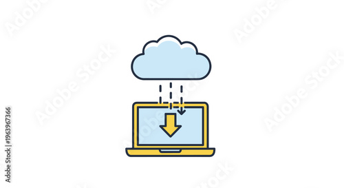 Color illustration of a laptop receiving a file from a blue cloud representing cloud computing, data download, and modern network technology.