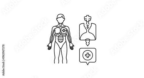 Conceptual illustration of comprehensive human health analysis, depicting internal organ examination, medical diagnosis, and body scan for preventive care and well-being