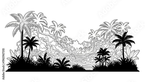 tropical island landscape with palm trees and foliage
