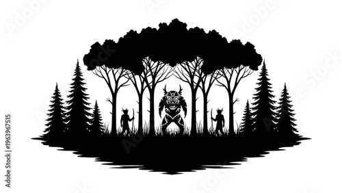 mythical creature in forest with trees and wolves