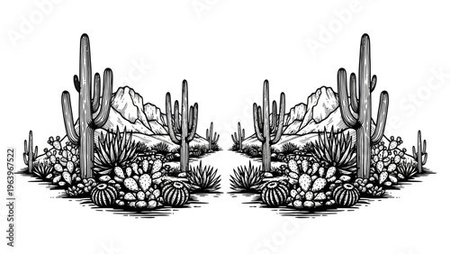 desert landscape with cacti and mountains