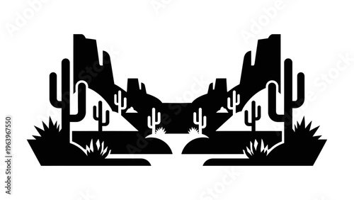 Desert Landscape Silhouette with Cacti and Mesas