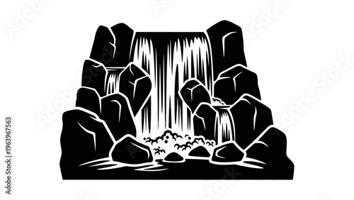 black and white illustration of waterfall on rocky cliff