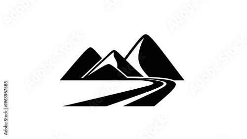 Stylized black and white mountain landscape with winding road vector graphic