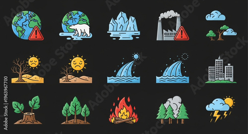 Climate Change Icons - Earth, Polar Bear, Icebergs, Factory, Drought, Flood.