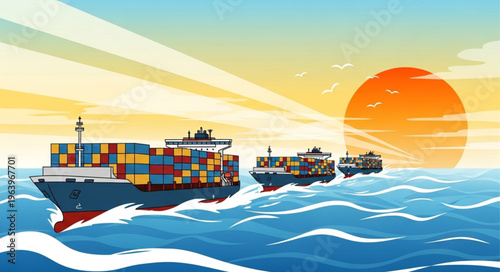 Cargo Ships Sailing on the Ocean at Sunset.