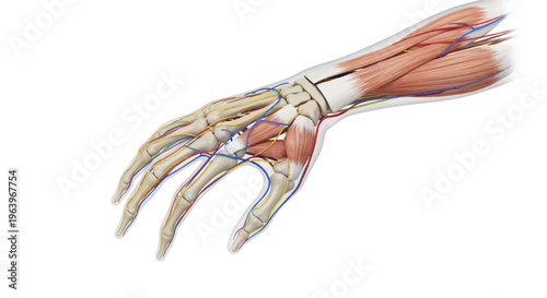 Detailed Anatomical Illustration of Human Hand Structures, Showcasing Skeletal System, Musculature, Connective Tissues, Arterial and Venous Networks for Medical Education and Research