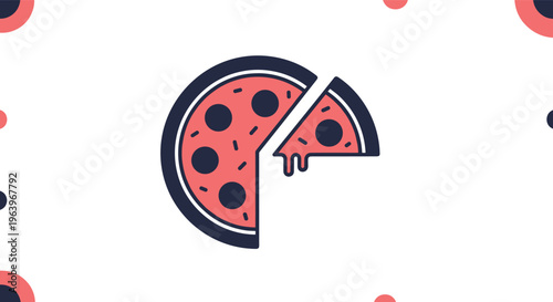 Simple color icon of a pepperoni pizza with a single slice being removed shown with melting cheese for food delivery and restaurant branding.