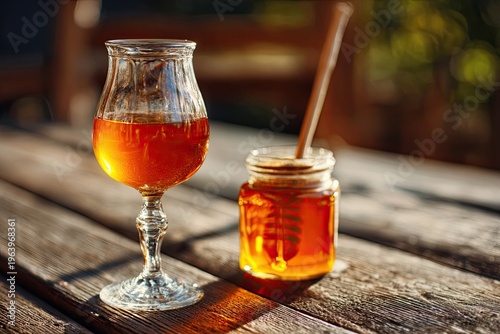 A Rustic Glass of Golden Mead Next to a Jar of Honey on a Weathered Wooden Table