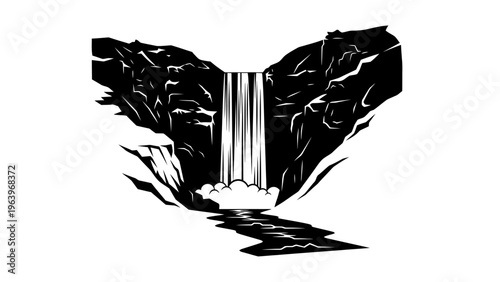 black and white illustration of waterfall flowing from cliff
