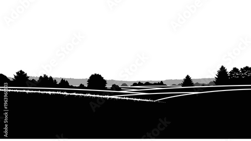 black and white landscape with trees and fields