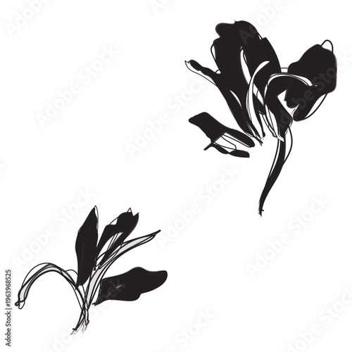 Floral Fashion Textile Pattern Black Ink Brushstroke Flowers Design For Fabric Apparel And Decor Minimalist Style On White Background