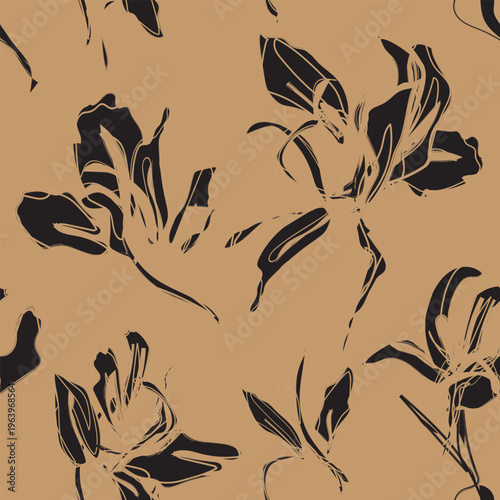 Floral Fashion Textile Pattern Abstract Black Flowers On Tan Background Decorative Surface Design