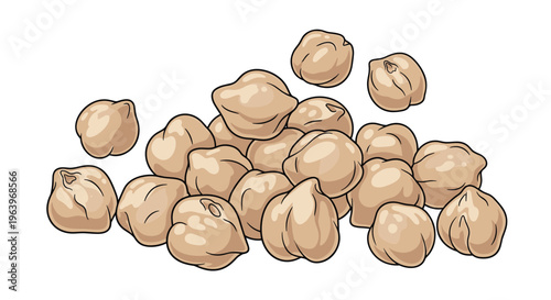 Rustic illustration of a small pile of dry chickpeas, showcasing their round, irregular shapes and light beige color, ready for cooking, on a white background.