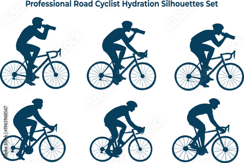 A set of blue road cyclist silhouettes shows riders hydrating and cycling in various poses