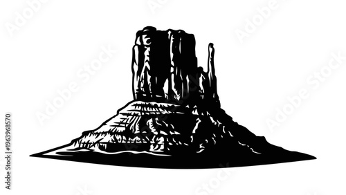 black and white illustration of a desert rock formation