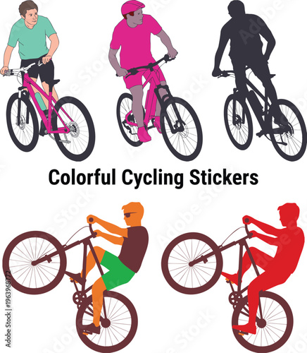 Collection of diverse illustrations showcasing cyclists riding mountain bikes and performing challenging wheelie stunts