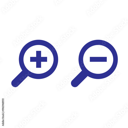 Foto Dark blue pair of search icons, one displaying a plus sign for enlargement and the other a minus sign for reduction