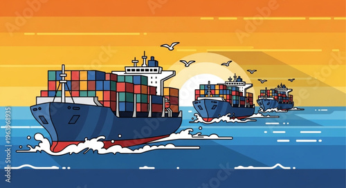 Cargo Ships at Sea - A Fleet of Container Vessels.