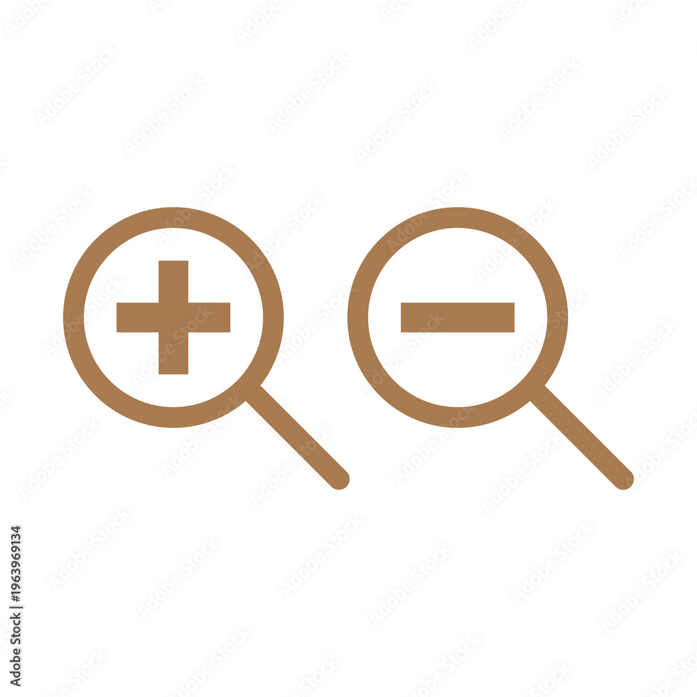 Fototapeta premium Two brown line art magnifying glass icons depicting zoom in and zoom out functions are displayed against a plain white background.