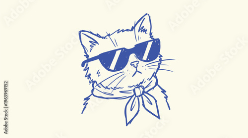 Cat sunglasses bandana minimal brush sketch vector illustration