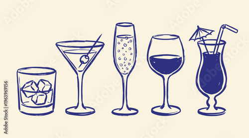 Cocktail glasses hand drawn sketch vector illustration