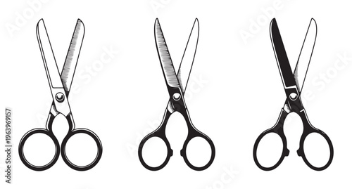 Vintage engraved style scissor illustrations with detailed shading for barber shops and tailor branding.