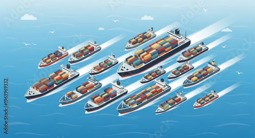 Fleet of Cargo Ships Sailing on the Ocean with Containers.