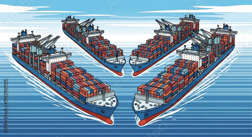 Four Container Ships Sailing on the Open Ocean.