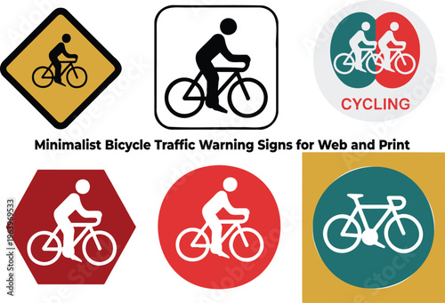 Collection of minimalist bicycle traffic warning and informational signs designed for web and print applications