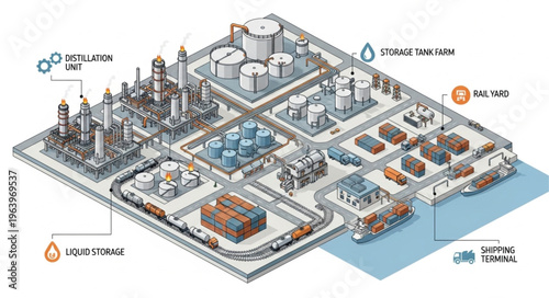 Detailed Illustration of an Industrial Complex with Various Facilities.