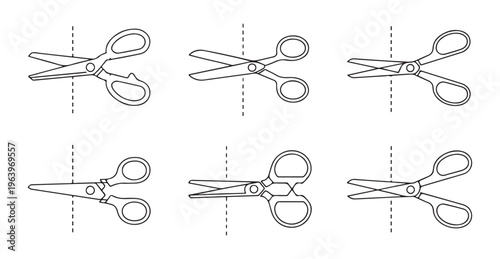 Set of line icon scissors with dotted line for cut here or coupon symbol, simple flat design outline art vector.