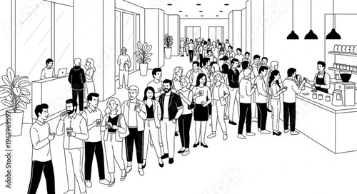 A large group of people standing in a long queue inside a modern building, waiting patiently.