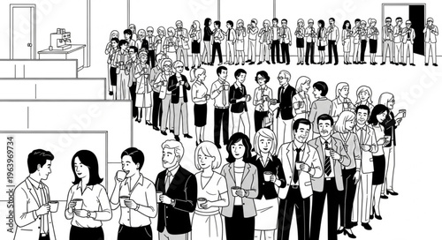 A large group of people standing in a queue, some interacting.