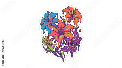 Wallpaper Mural Vibrant psychedelic lily flowers sticker with melting dripping effect, colorful surreal floral illustration isolated on white background
 Torontodigital.ca