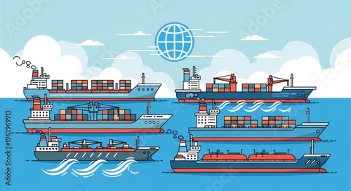 Various cargo ships transporting goods across the ocean.