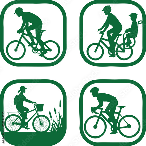 Four green bicycle rider silhouettes show different people cycling on various bikes for activity