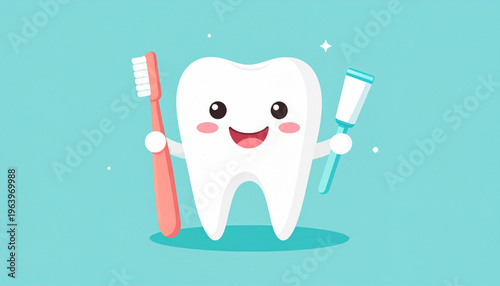 Dental Care Vector Illustration, Healthy Tooth Character with Toothbrush and Toothpaste, Oral Hygiene Flat Design