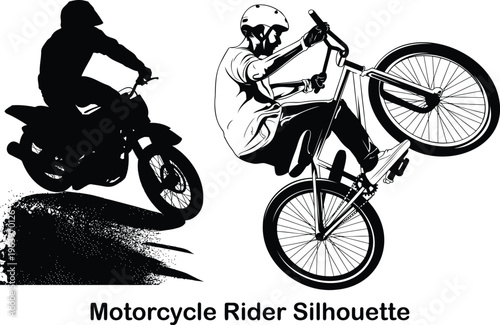 Motorcycle rider jumping through dirt and a BMX biker performing a dynamic wheelie stunt