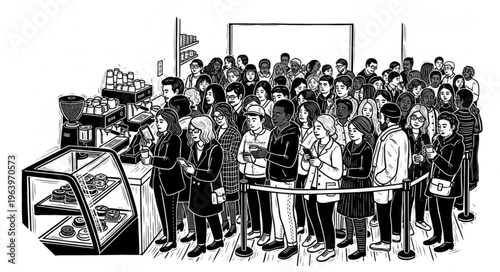A large crowd of diverse people queuing in a store for a popular item.