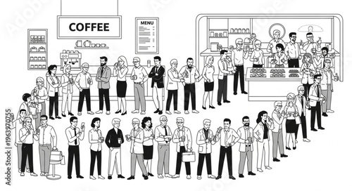 A large diverse group of people queuing for coffee at a busy cafe.