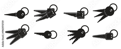 Key silhouettes collection, security and access icons, bunch of keys vector set, metal door opener symbols for lock.