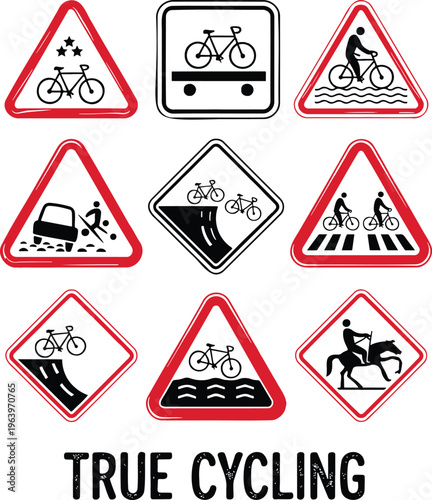 Comprehensive collection of cycling themed road signs depicting various road hazards and diverse scenarios