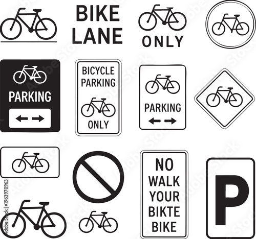 Comprehensive collection of essential black and white bicycle traffic and parking signs