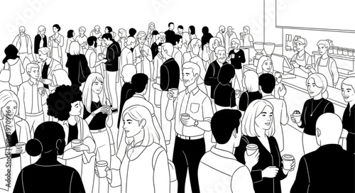A large group of people gathered in a room, rendered in a sketch style.