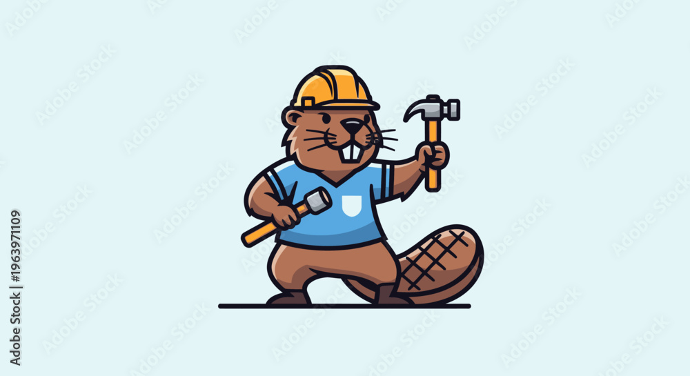 Fototapeta premium Cartoon beaver with tools and protective helmet ready for work