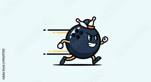 Cartoon bowling ball character running with pins vector illustration