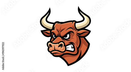 Cartoon bull head mascot with angry expression isolated on white